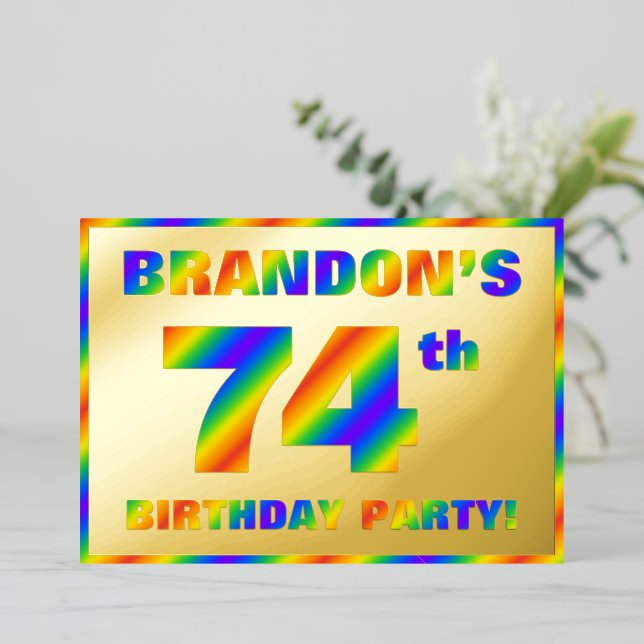 74th Birthday Party — Fun, Rainbow Spectrum “74” Foil Invitation (Standing Front)
