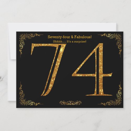 74th Birthday partyGatsby stylblack gold glitter Invitation