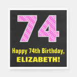 [ Thumbnail: 74th Birthday: Pink Stripes and Hearts "74" + Name Napkins ]