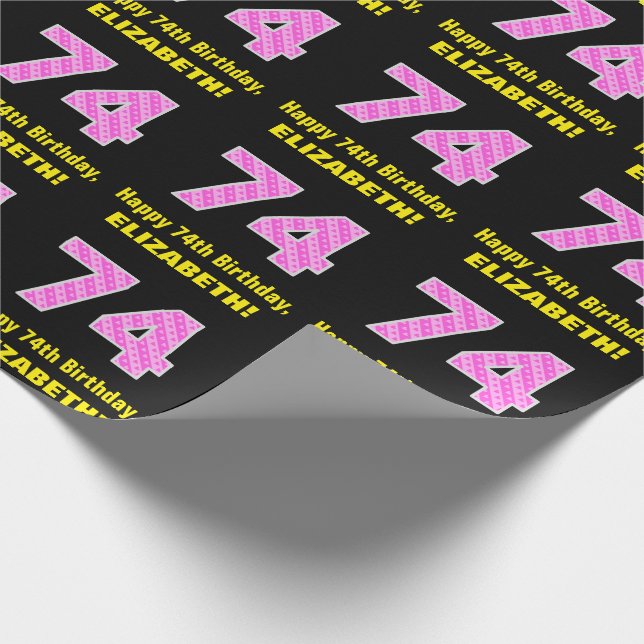 74th Birthday: Pink Stripes and Hearts "74" + Name Wrapping Paper (Corner)