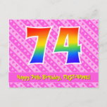 [ Thumbnail: 74th Birthday: Pink Stripes & Hearts, Rainbow 74 Postcard ]