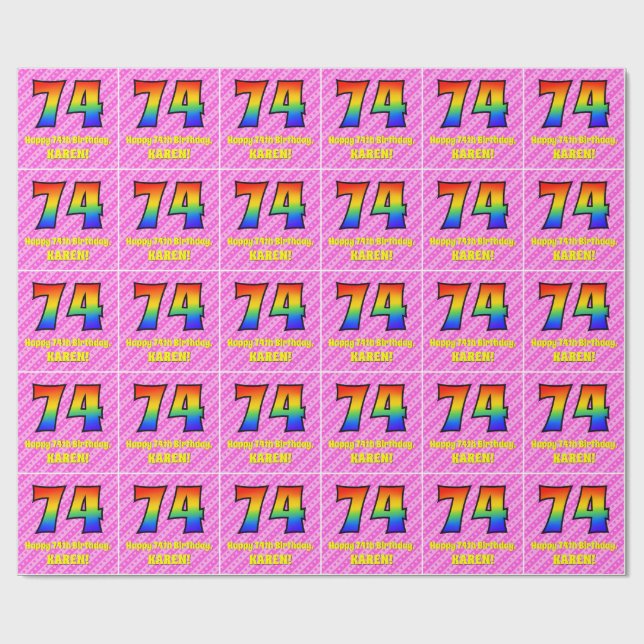 74th Birthday: Pink Stripes & Hearts, Rainbow # 74 Wrapping Paper (Flat)