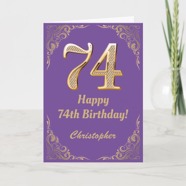 74th Birthday Purple and Gold Glitter Frame Card (Front)