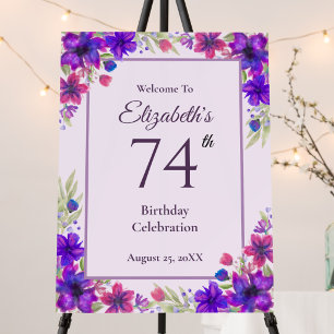 74th Birthday Purple Floral Welcome Sign