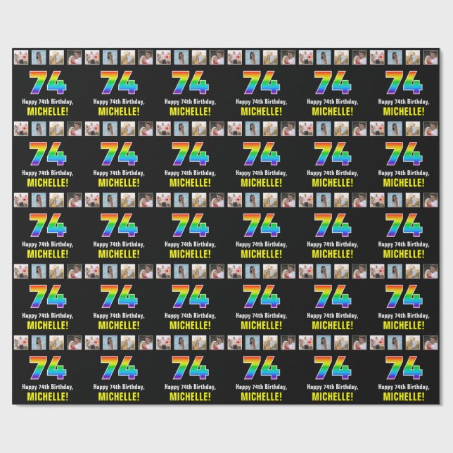 74th Birthday: Rainbow “74“; Custom Photos & Name Wrapping Paper (Flat)