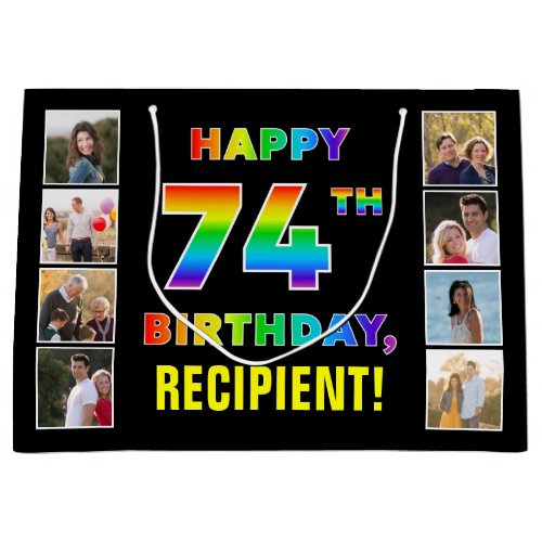 74th Birthday Rainbow Text Custom Photos  Name Large Gift Bag
