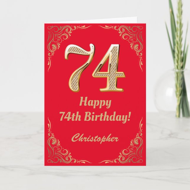 74th Birthday Red and Gold Glitter Frame Card (Front)