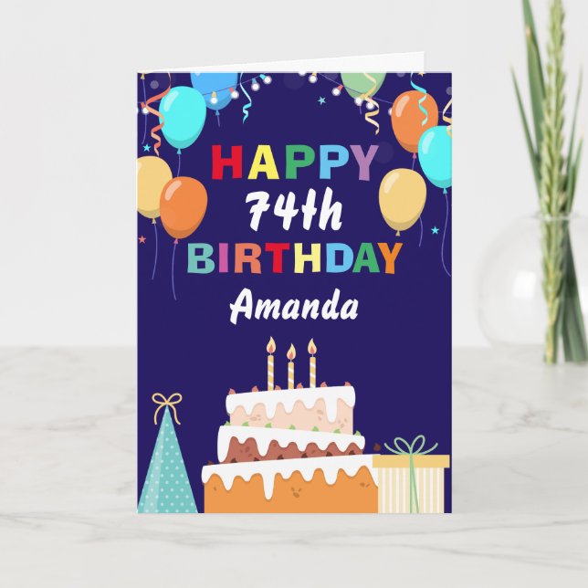 74th Happy Birthday Balloons Cake Navy Blue Card (Front)