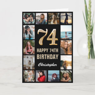 74th Happy Birthday Black and Gold Photo Collage Card