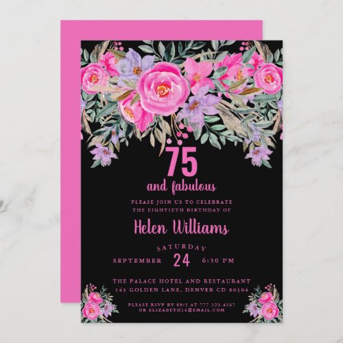 75 and fabulous black pink 90th birthday invitation