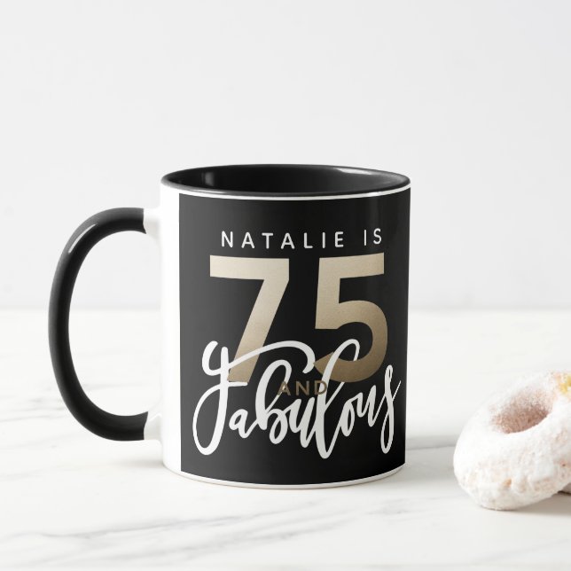 75 and fabulous gold metallic birthday modern mug (With Donut)