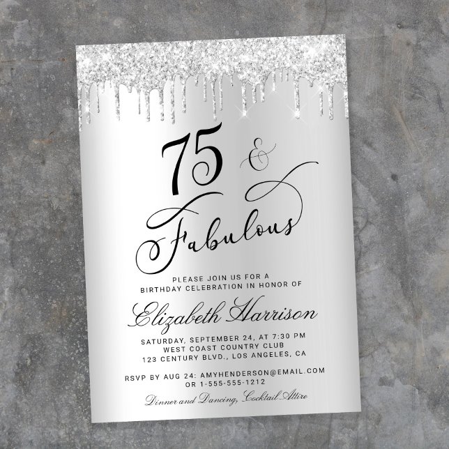 75 And Fabulous Silver Glitter Birthday Party Invitation (Creator Uploaded)