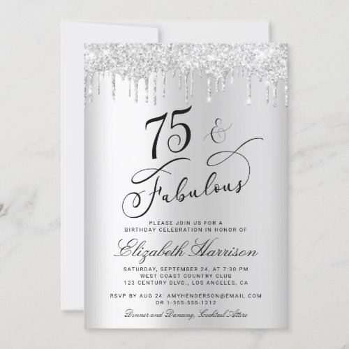 75 And Fabulous Silver Glitter Birthday Party Invitation