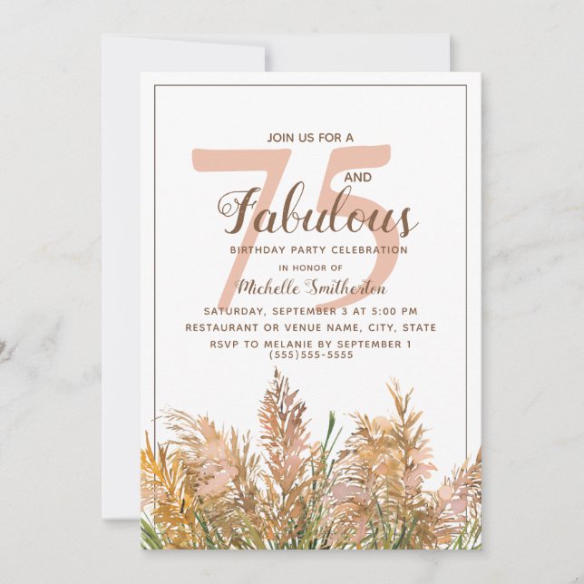 75 Fabulous Pampas Grass on White Birthday Invitation (Front)