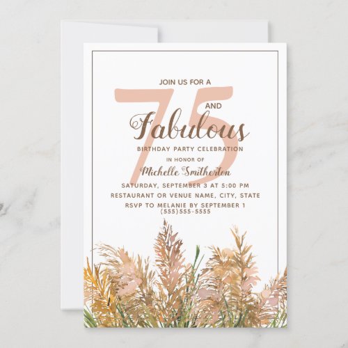 75 Fabulous Pampas Grass on White Birthday Invitation