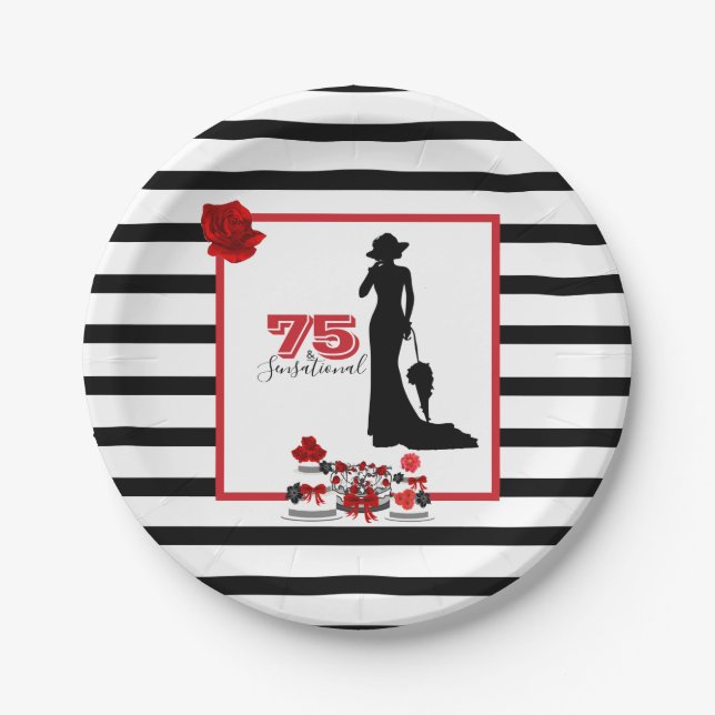 75 & SENSATIONAL 75th Birthday Party Plate Stripes (Front)