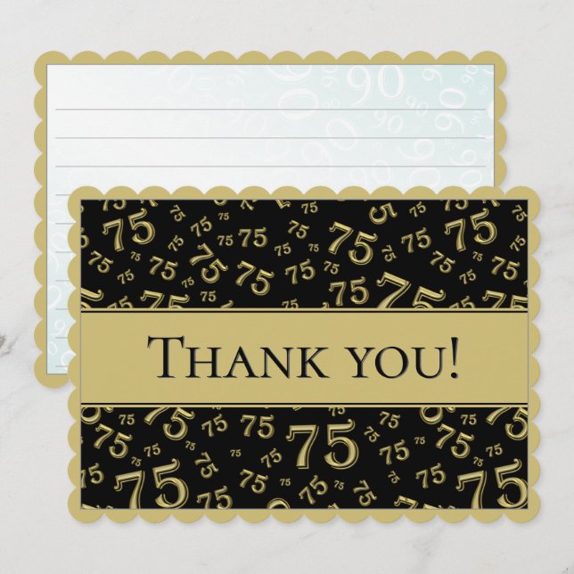 75 "Thank you!" Black/Gold Number Pattern Thank You Card (Front/Back)