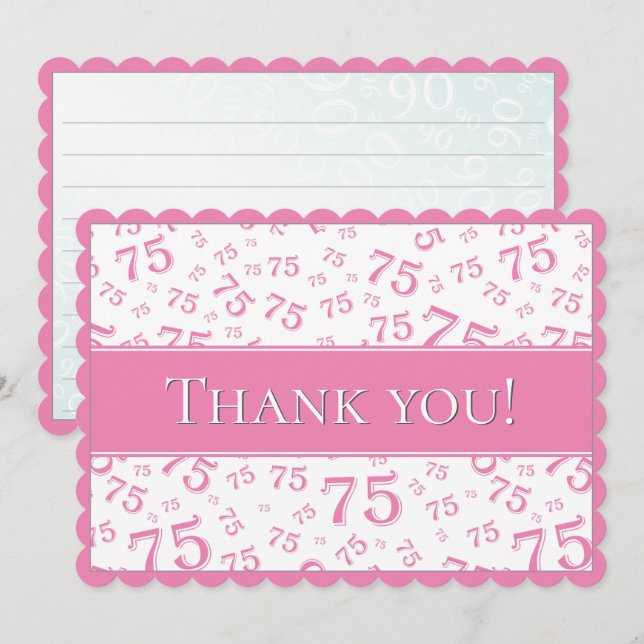 75 "Thank you!" Pink/White Number Pattern Thank You Card (Front/Back)