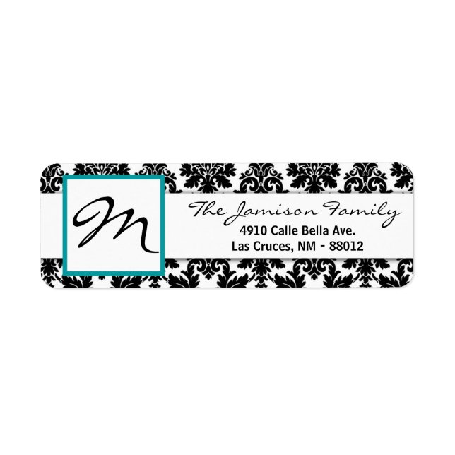 .75"x2.25" Return Address Label Black Teal Damask (Front)