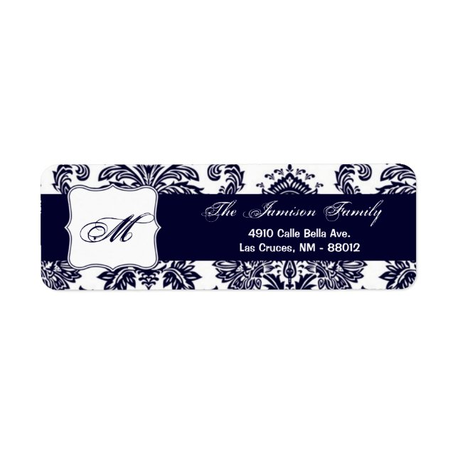 .75"x2.25" Return Address Label Navy Blue Damask (Front)