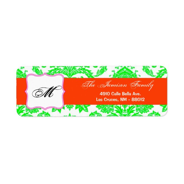 .75"x2.25" Return Address Label Neon Green Damask (Front)