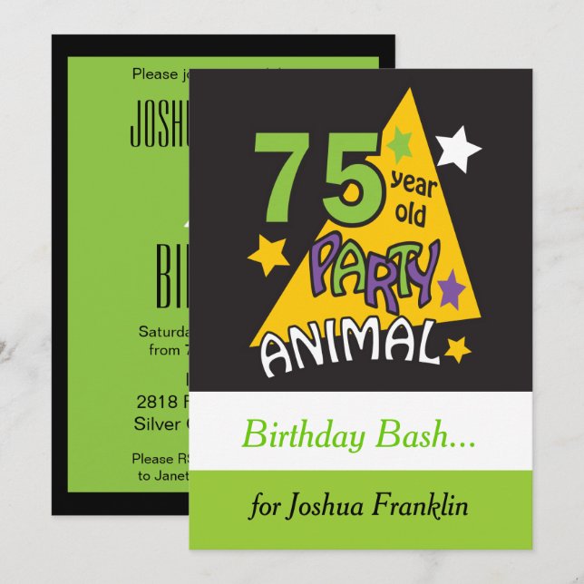 75 Year Old Party Animal - 75th Birthday Invitation (Front/Back)