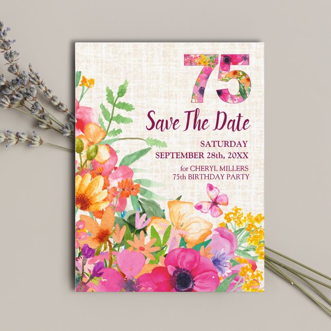 75 Years Flowers Floral Linen 75th Birthday Announcement Postcard (Creator Uploaded)
