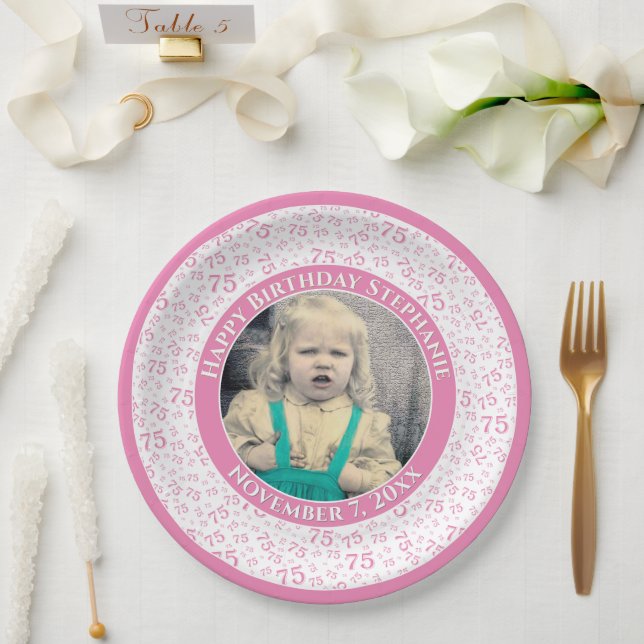 75 Your Photo Random Number Pattern Pink/White Paper Plates (Wedding)