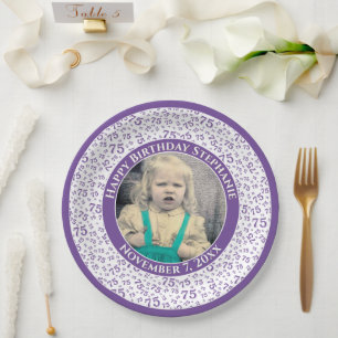75 Your Photo Random Number Pattern Purple/White Paper Plates