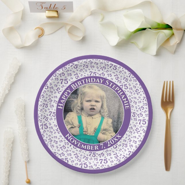 75 Your Photo Random Number Pattern Purple/White Paper Plates (Wedding)
