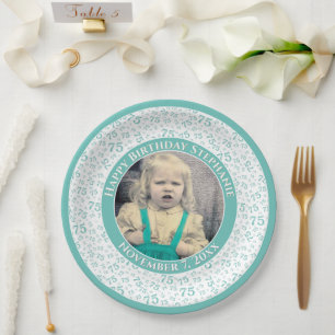 75 Your Photo Random Number Pattern Teal/White Paper Plates