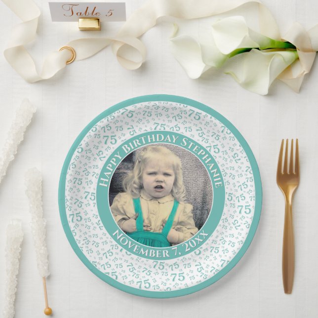 75 Your Photo Random Number Pattern Teal/White Paper Plates (Wedding)