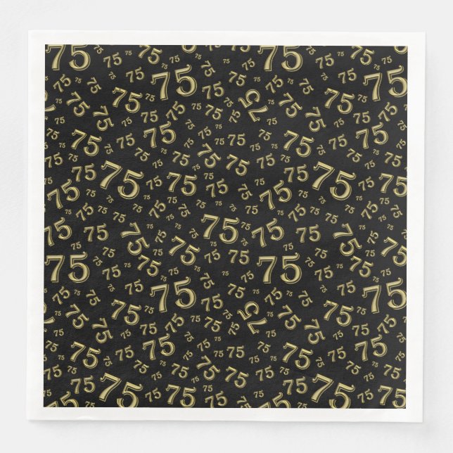 75th Age Random Number Pattern Black/Gold Paper Dinner Napkins (Front)
