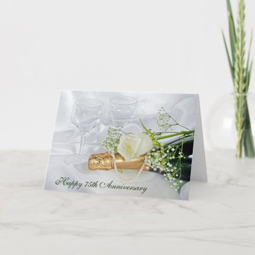 75th Anniversary Champagne Bottle, Pearls and Rose Card