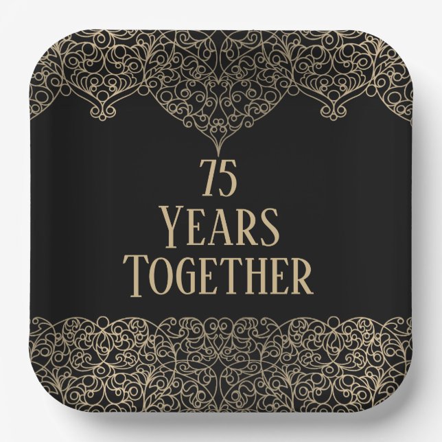 75th Anniversary Gold Lace On Black   Paper Plates (Front)