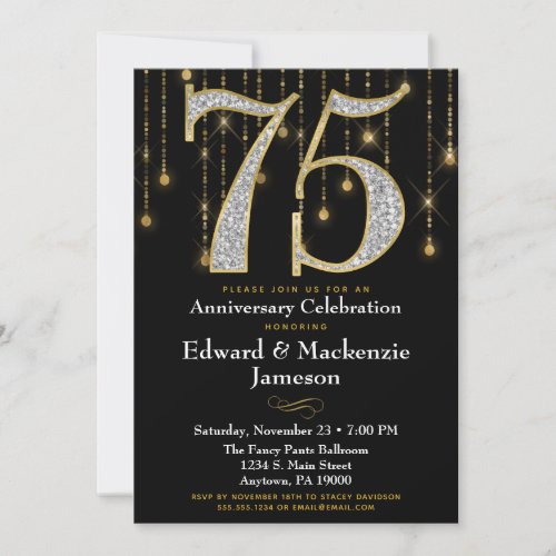 75th Anniversary Invitation Black Gold Diamonds