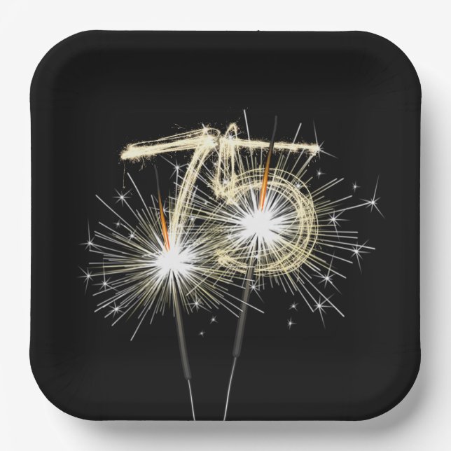 75th Anniversary Party Sparklers on Black Paper Plates (Front)
