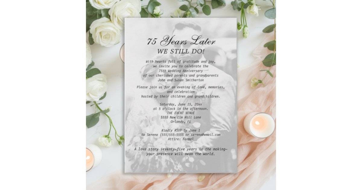 75th Anniversary Wedding Photo Elegant Formal Invitation | Zazzle