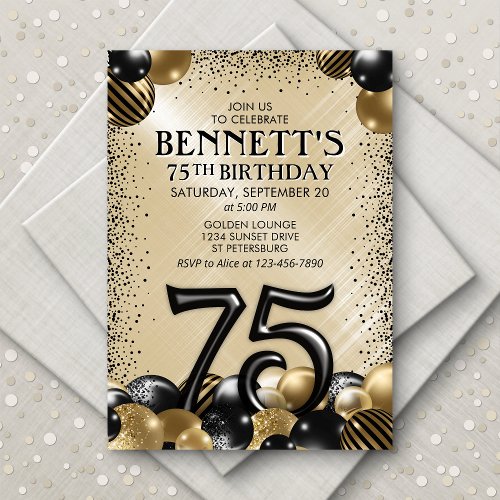 75th Balloons Black Gold Birthday Invitation
