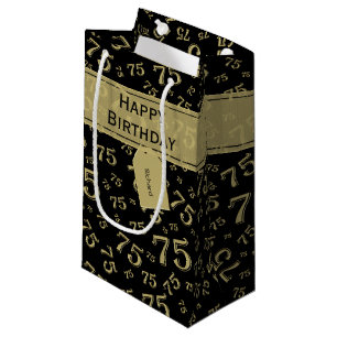 75th Biirthday Random Number Pattern Black/Gold Small Gift Bag
