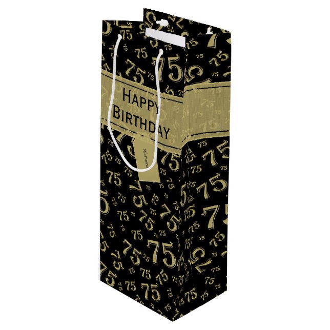75th Biirthday Random Number Pattern Black/Gold Wine Gift Bag (Front Angled)