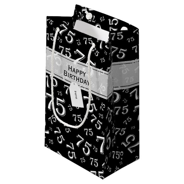 75th Biirthday Random Number Pattern Black/White Small Gift Bag (Front Angled)