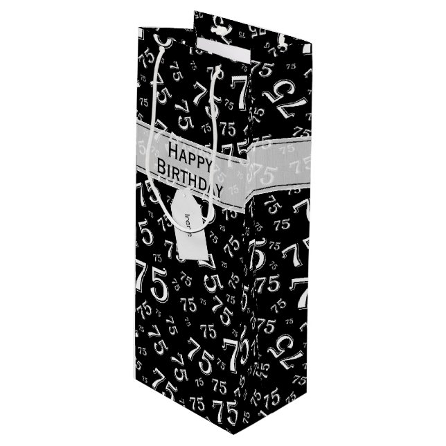 75th Biirthday Random Number Pattern Black/White Wine Gift Bag (Front Angled)