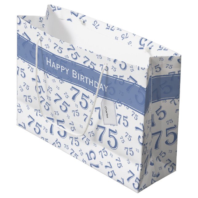 75th Biirthday Random Number Pattern Blue/White Large Gift Bag (Front Angled)