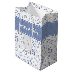 75th Biirthday Random Number Pattern Blue/White Medium Gift Bag