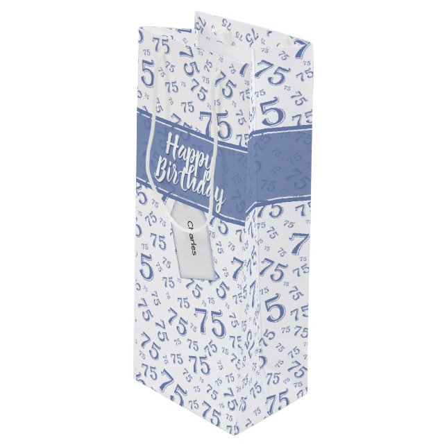 75th Biirthday Random Number Pattern Blue/White Wine Gift Bag (Front Angled)