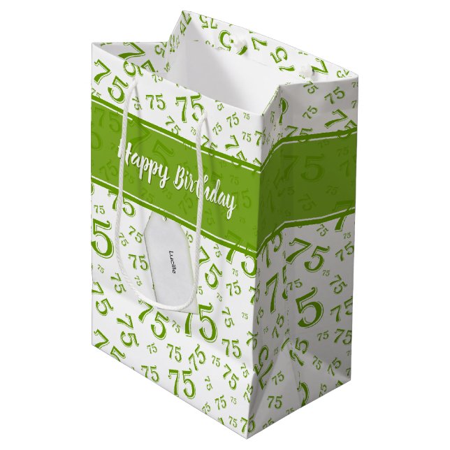 75th Biirthday Random Number Pattern Green/White Medium Gift Bag (Front Angled)