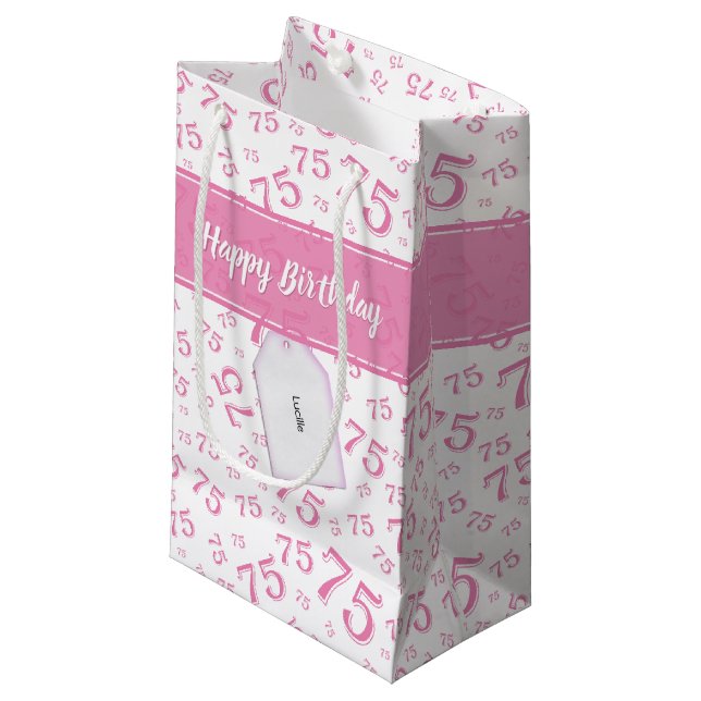 75th Biirthday Random Number Pattern Pink/White Small Gift Bag (Front Angled)