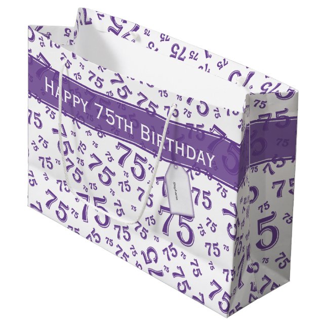 75th Biirthday Random Number Pattern Purple/White Large Gift Bag (Front Angled)