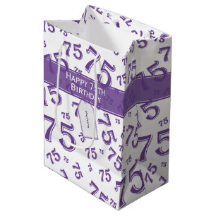 75th Biirthday Random Number Pattern Purple/White Medium Gift Bag